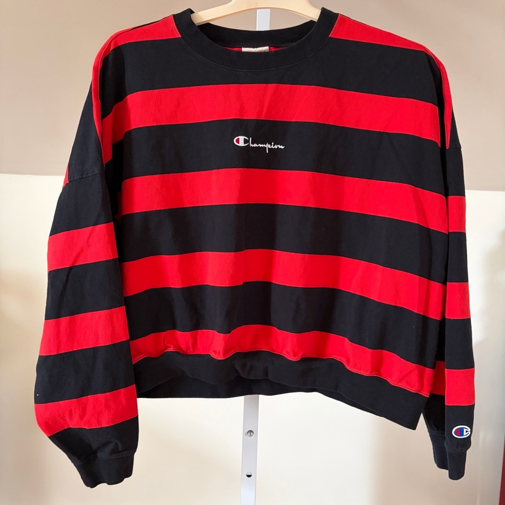 Champion Red Black Striped Crewneck Long Sleeve T-Shirt Sweatshirt Athleisure S